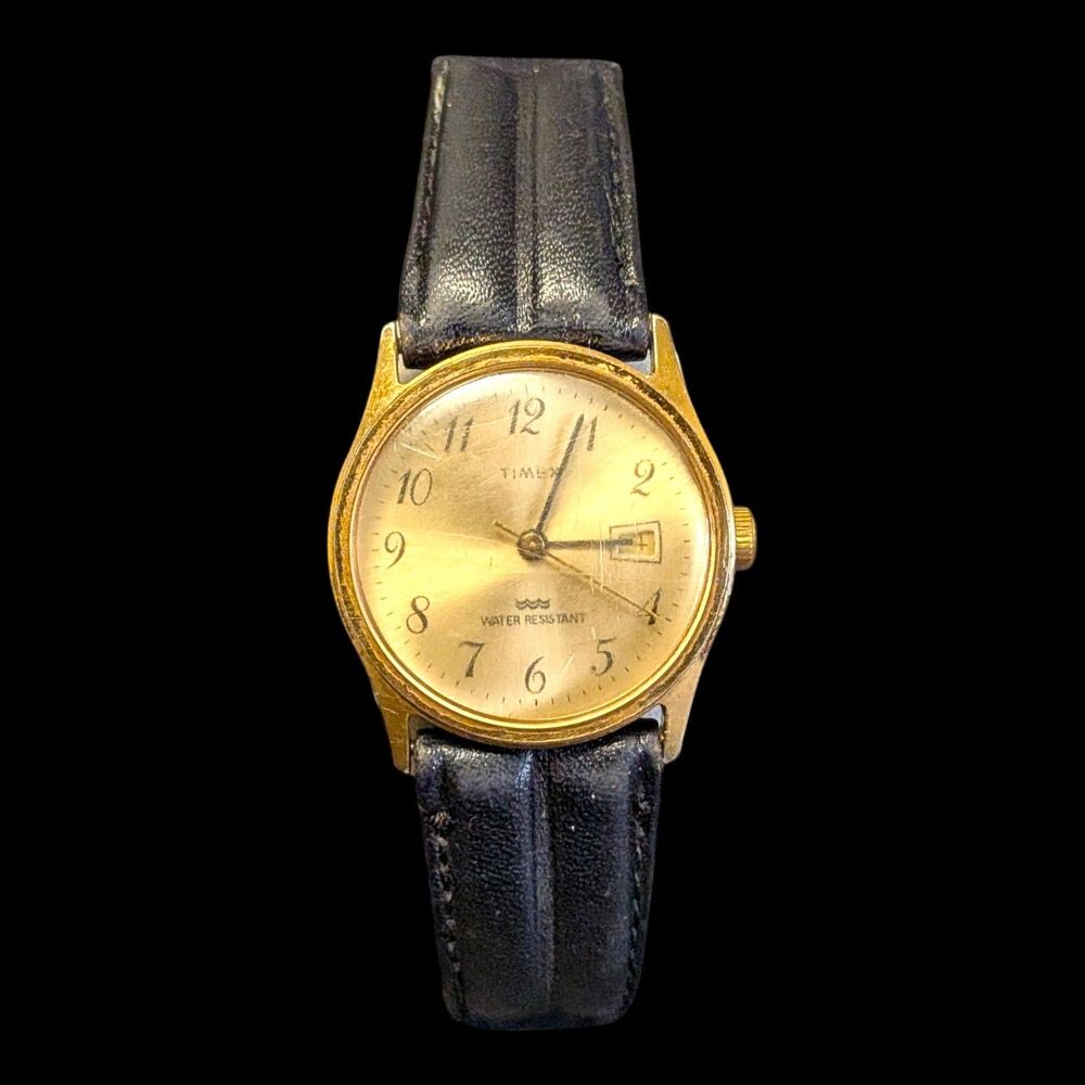 Vintage Timex Mechanical Hand Winding Water Resistant Date Watch Gold Tone *Read